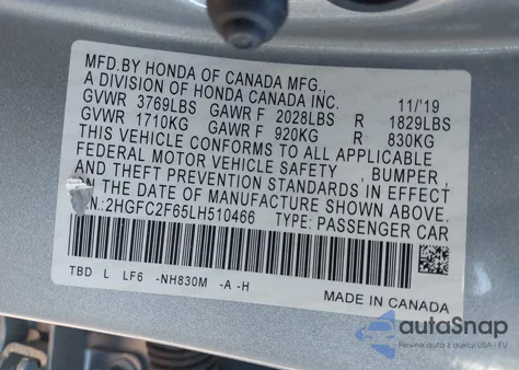 2020 Honda Civic Lx z USA, uszkodzony, nr VIN 2HGFC2F65LH510466